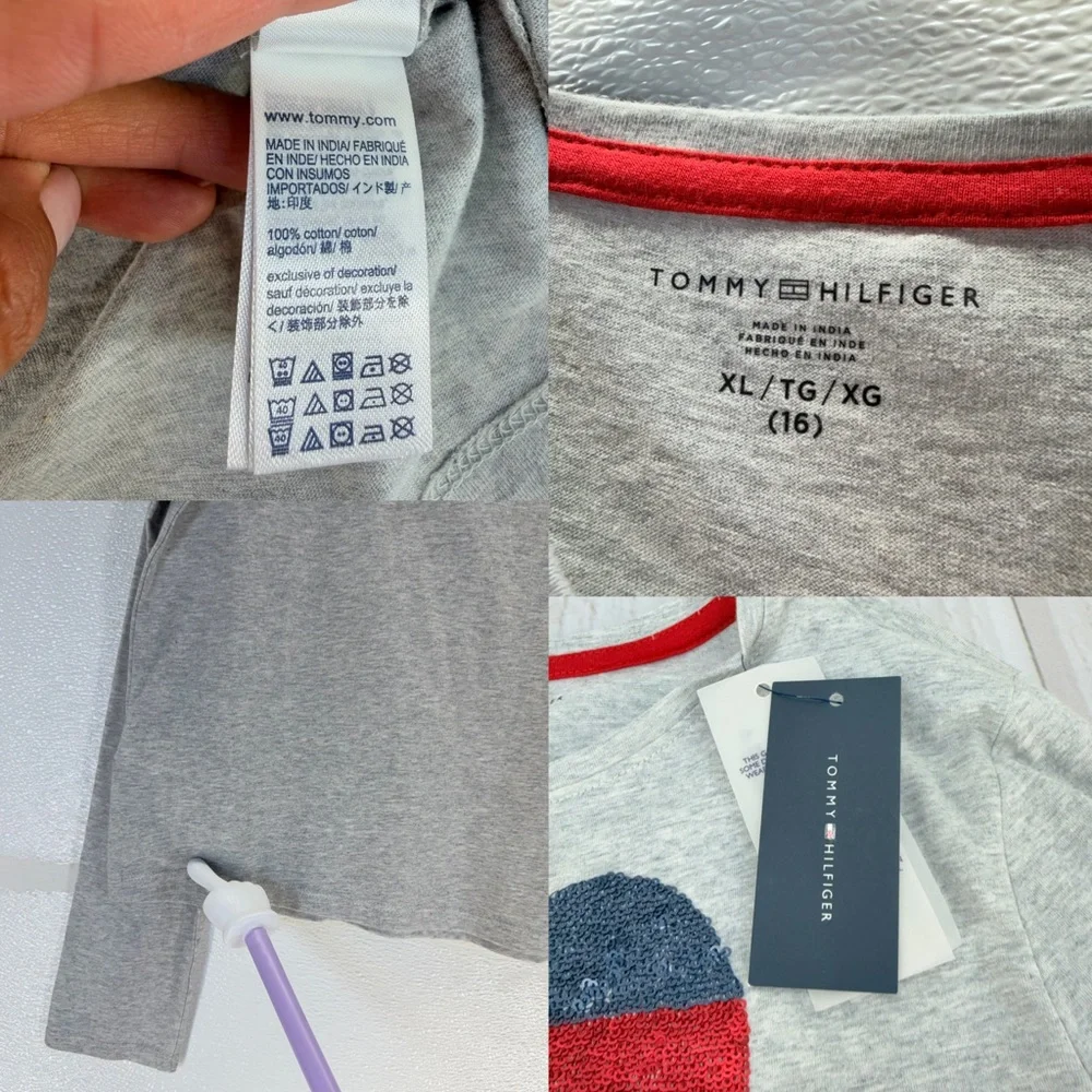 Tommy‎ Hilfiger Girls XL Gray Sequin Heart Long Sleeve Tee Cotton
